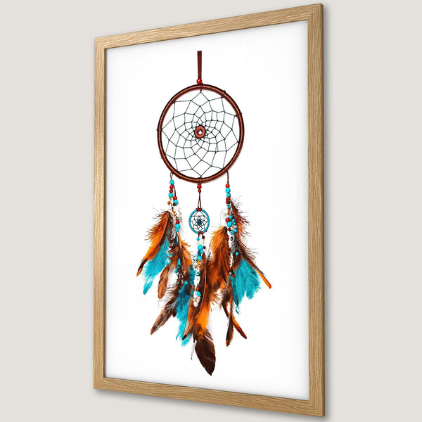 Framed Poster featuring a dreamcatcher with blue, orange, and brown feathers. Bohemian style art print in a natural wood frame.