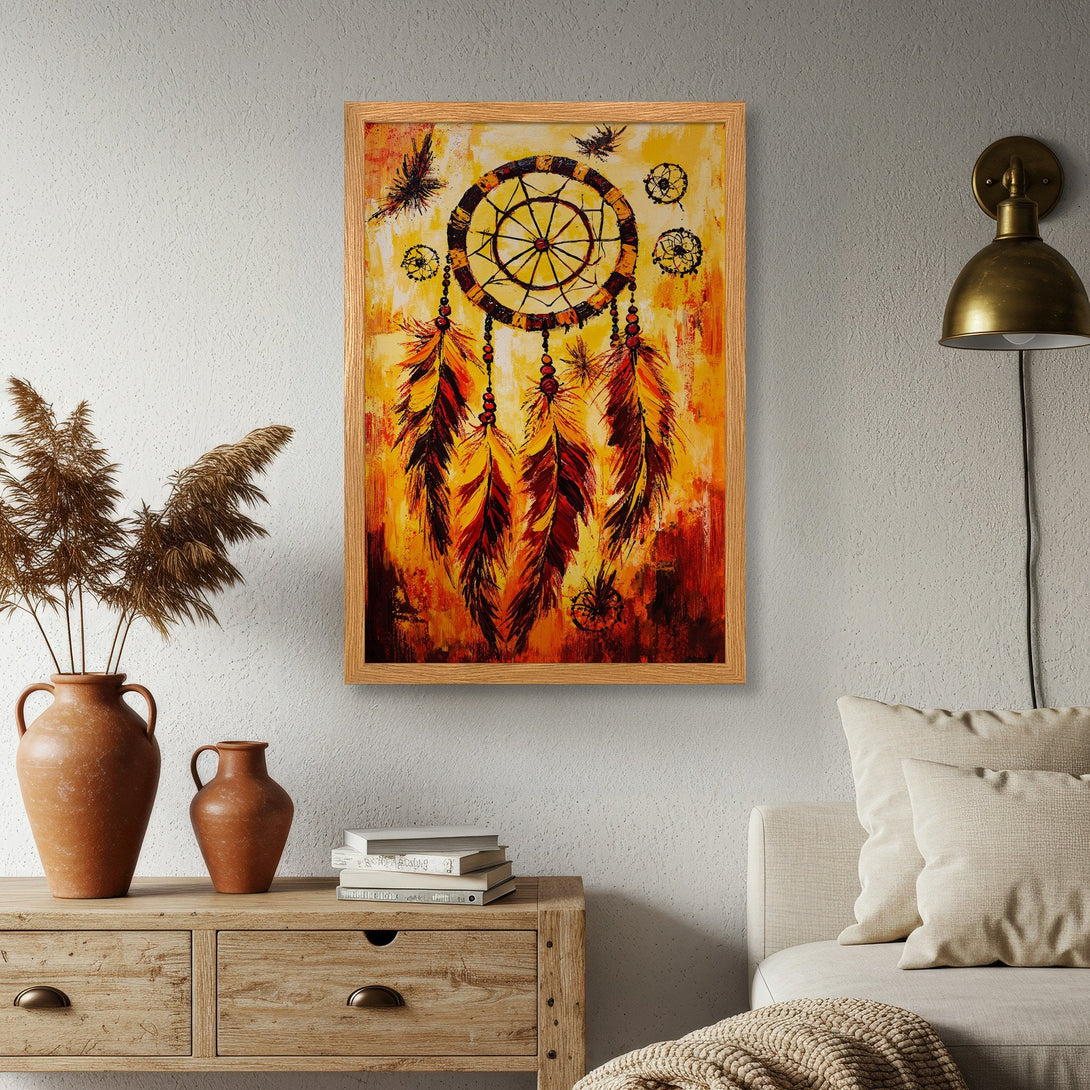 Framed Poster of a dreamcatcher in warm yellow and red tones, showcasing a bohemian style, perfect for home decor.