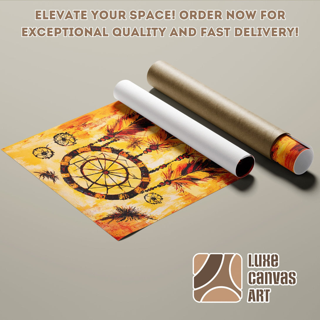Dreamcatcher Poster Roll. Abstract style, warm yellow and orange color palette. Elevate your space with Luxe Canvas Art.