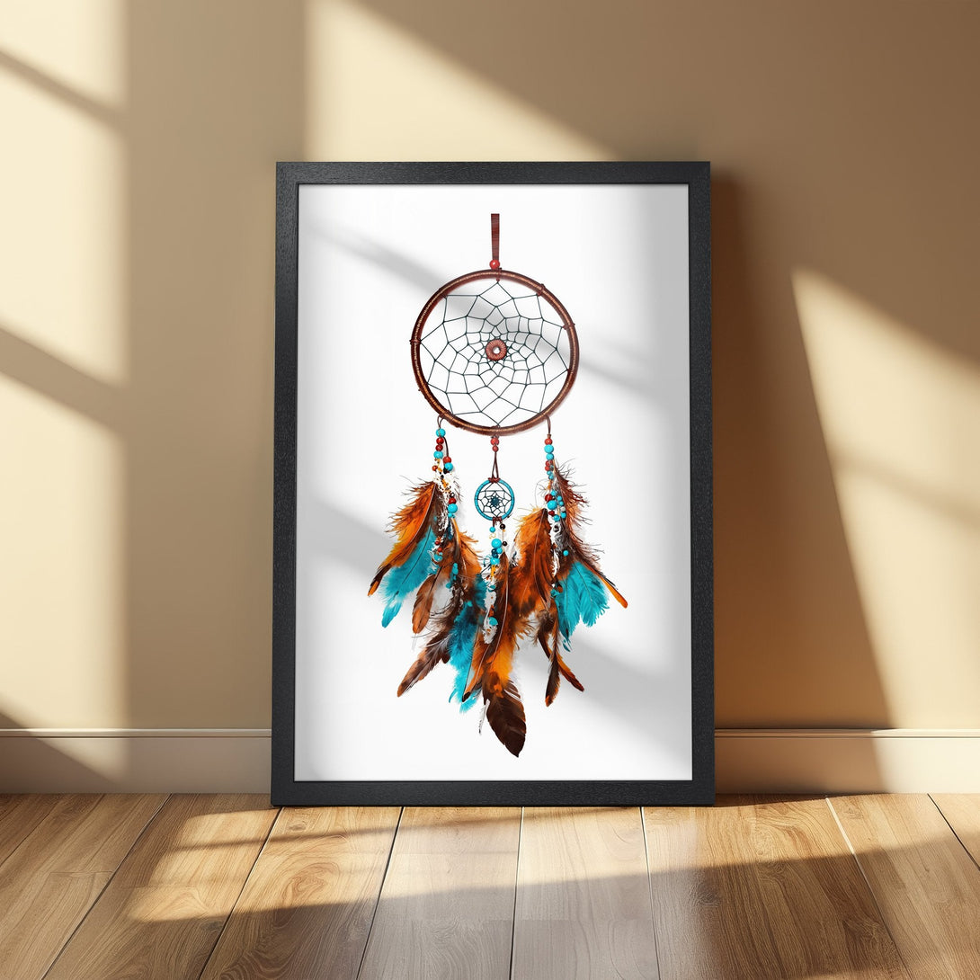 Framed Poster featuring a dreamcatcher in boho style with brown, turquoise, and orange colors. Perfect wall art for a unique decor!