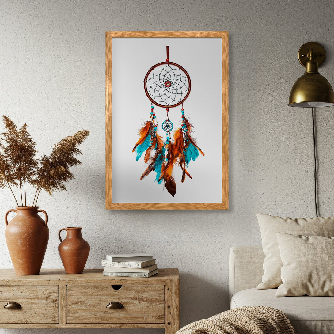 Framed Poster featuring a dreamcatcher design. Bohemian style with a warm, earthy color palette of brown, turquoise, and orange. Perfect wall art!