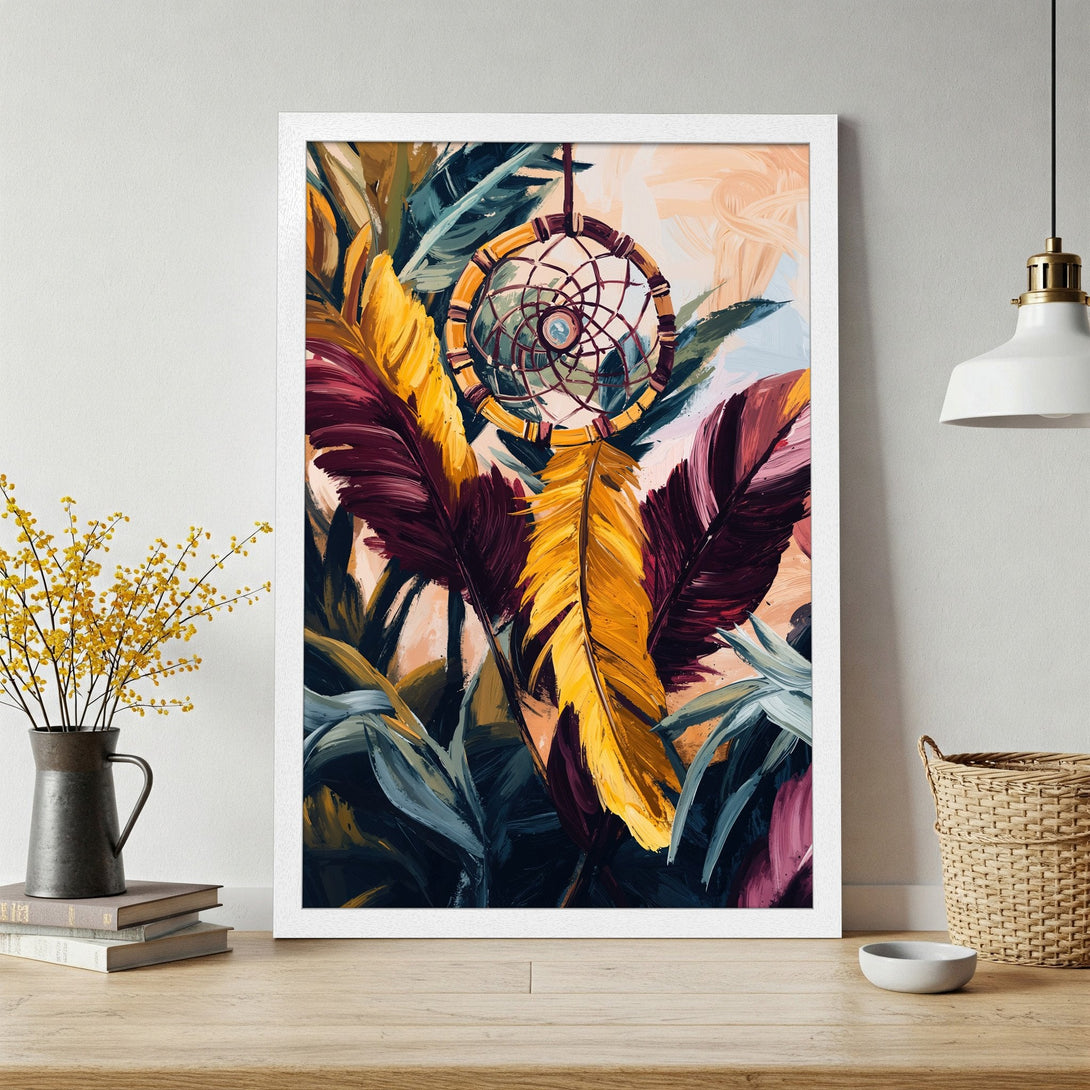 Framed Poster featuring a dreamcatcher and feathers, vibrant colors and brushstroke style. Perfect wall art for a boho aesthetic.