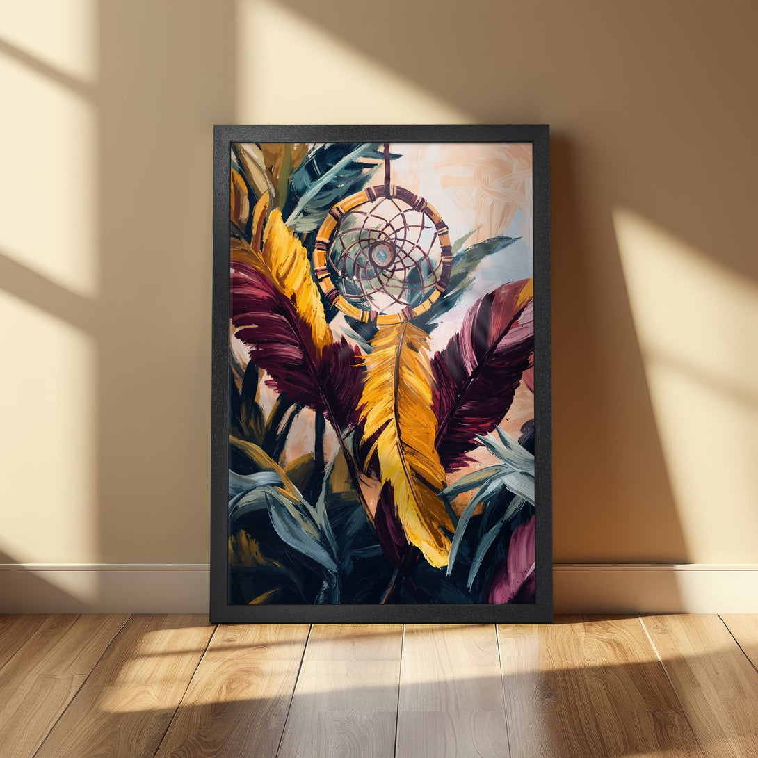 Framed Poster featuring a dreamcatcher and feathers in vibrant colors. Artistic style with a warm, earthy color palette. Perfect wall art!