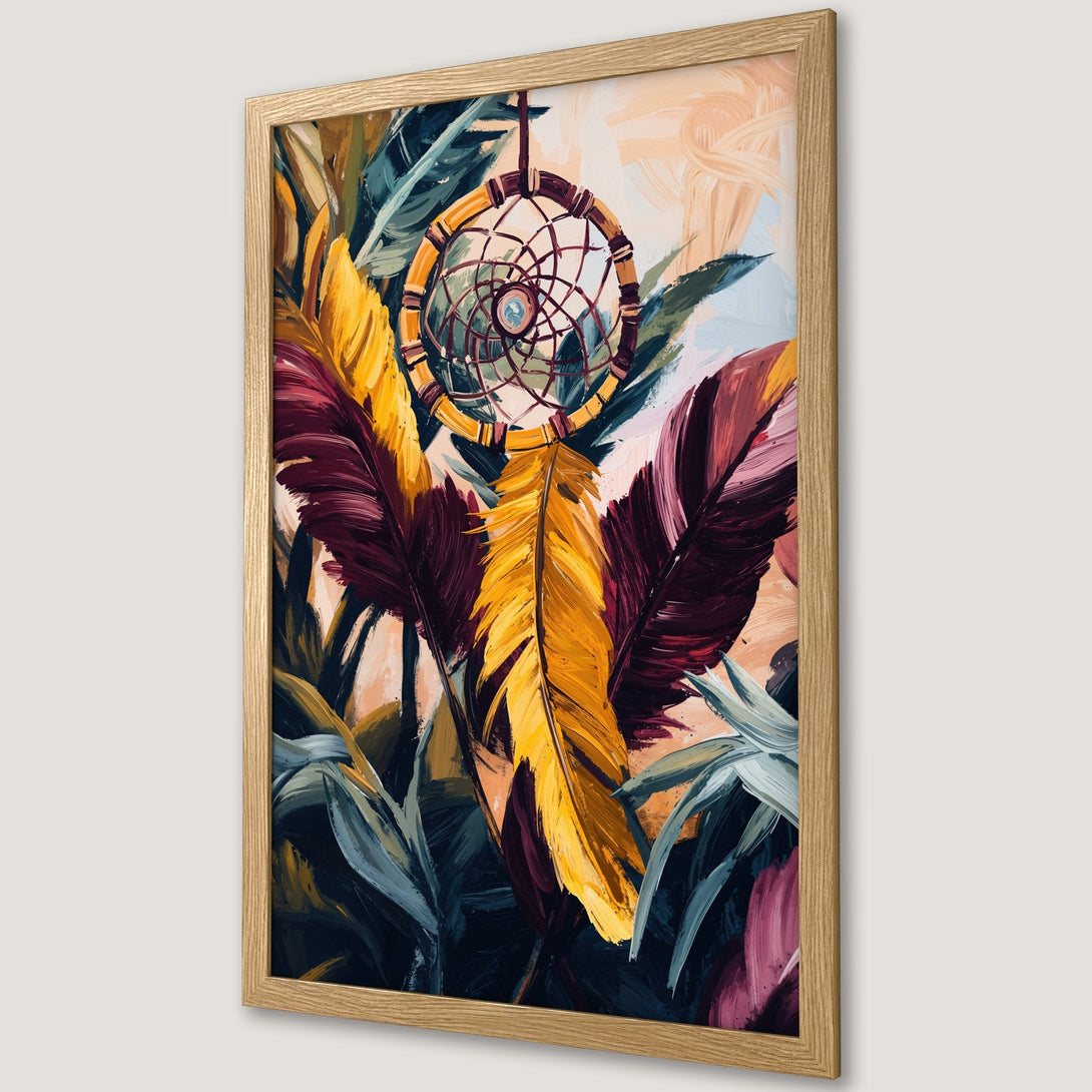 Framed Poster featuring a dreamcatcher and feathers. Artistic style with a warm color palette of yellow, burgundy, and teal.