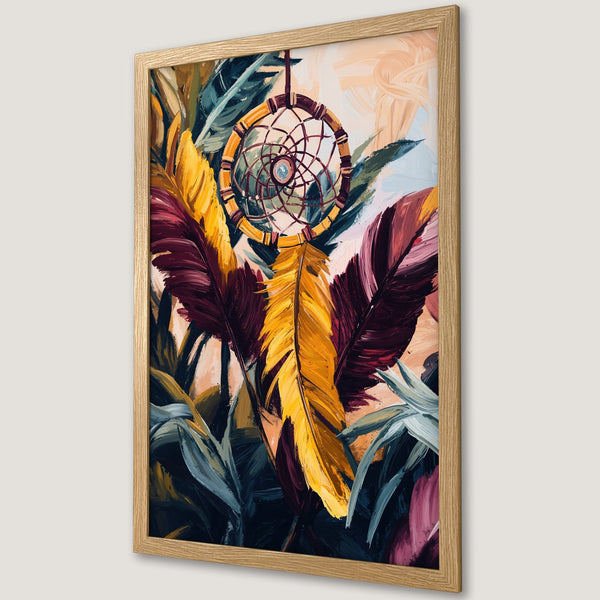 Framed Poster featuring a dreamcatcher and feathers. Artistic style with a warm color palette of yellow, burgundy, and teal.