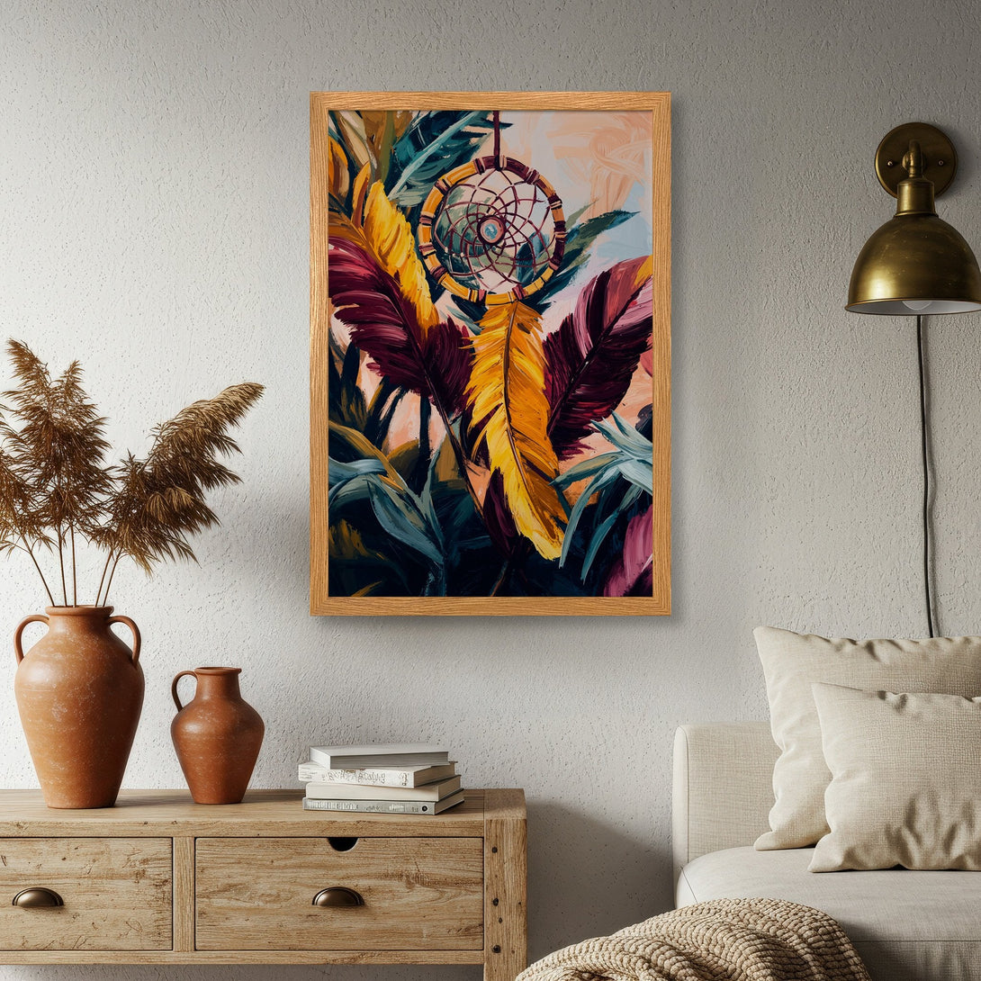 Framed Poster featuring a dreamcatcher and feathers, vibrant colors. Bohemian style art for home decor.