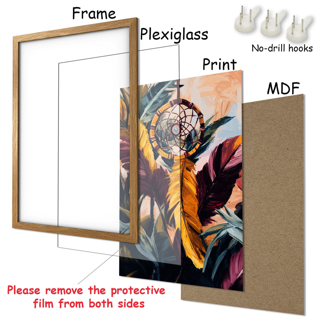 Framed Poster featuring a dreamcatcher artwork in a vibrant, painterly style with a warm color palette. Ready to hang!
