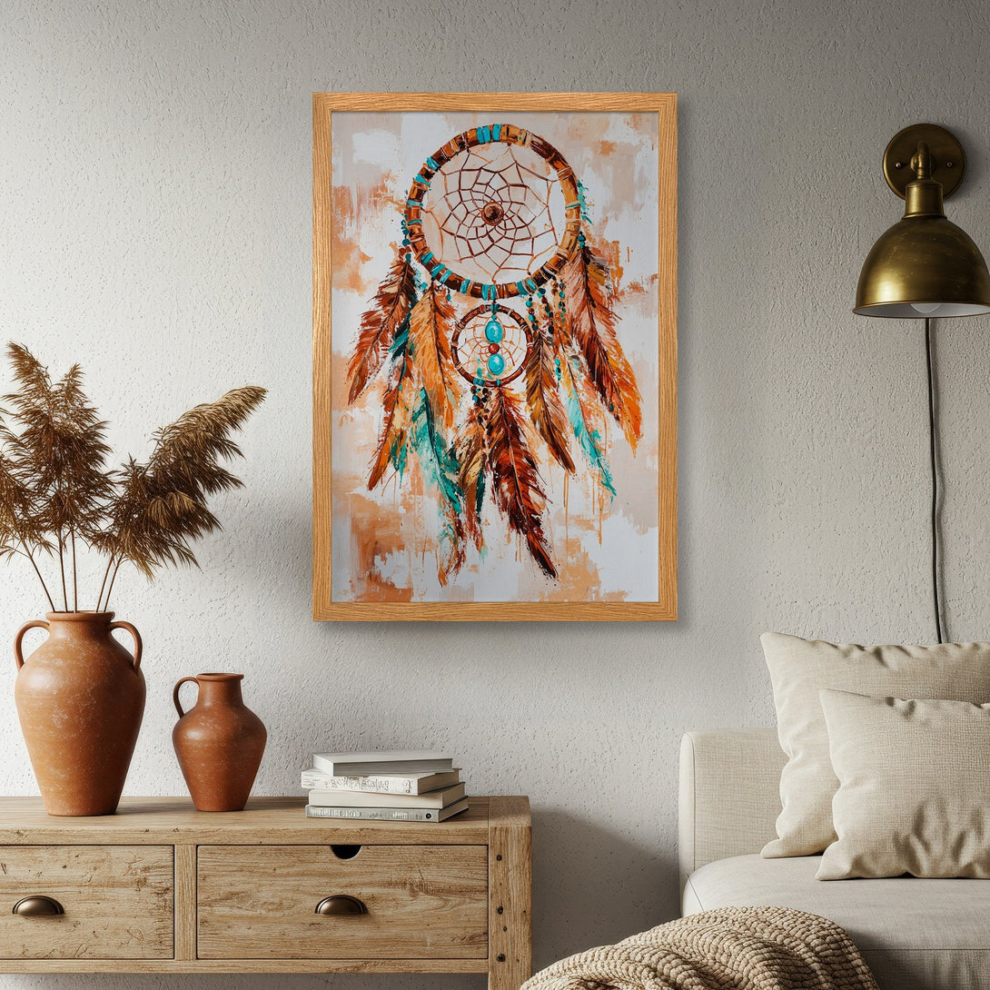 Framed Poster featuring a dreamcatcher design. Bohemian style art with warm orange, teal, and brown color palette. Add a touch of artistry to your space!