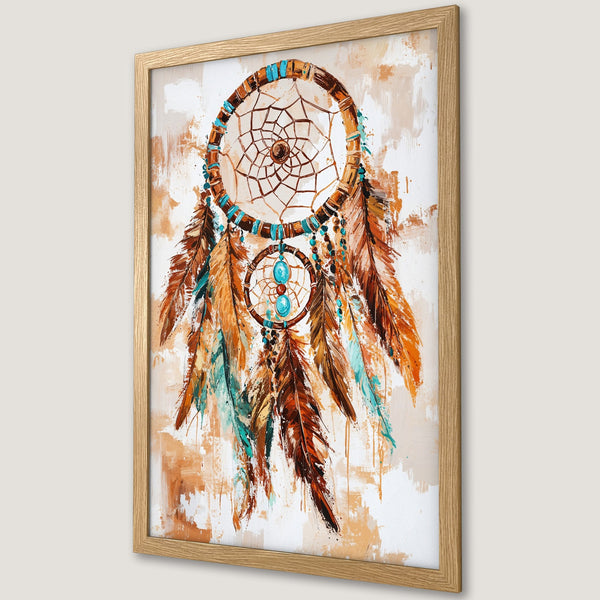 Framed Poster featuring a dreamcatcher artwork. Bohemian style art with warm earth tones, teal accents, and textured brushstrokes. Perfect wall decor.
