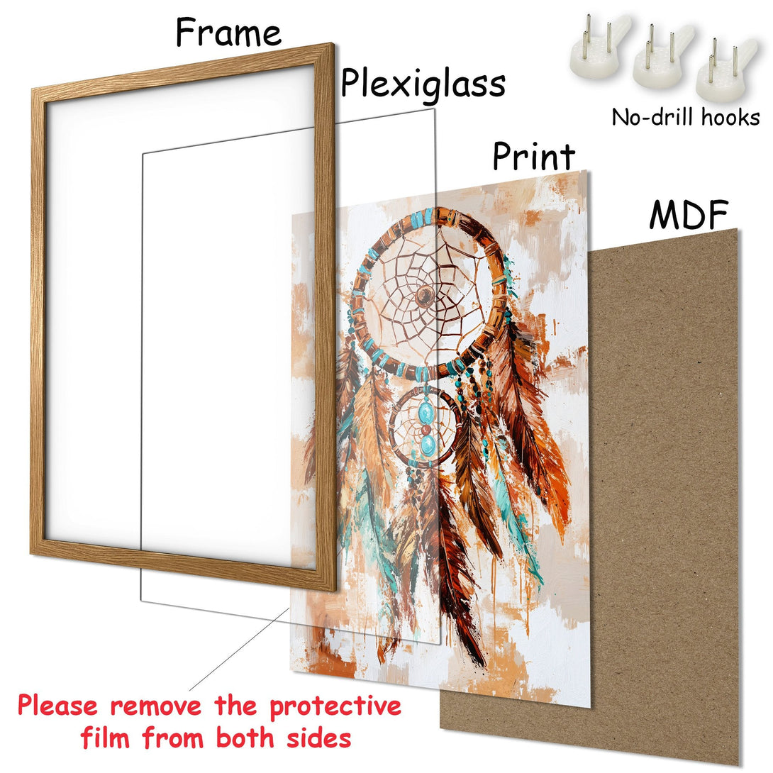 Framed Poster featuring a dreamcatcher design. Earth tone color palette with teal accents. Perfect wall art for any space.