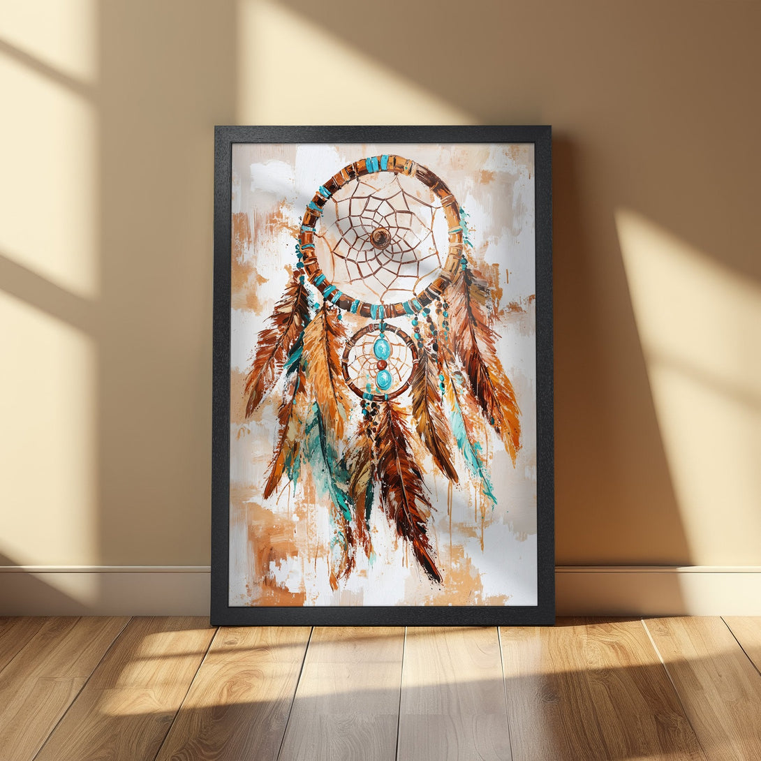 Framed Poster featuring a dreamcatcher artwork in warm earth tones with pops of turquoise, perfect for bohemian decor.