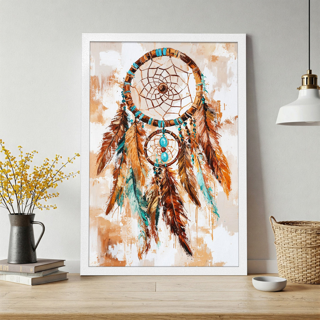 Framed Poster featuring a dreamcatcher artwork in a boho style. Earthy tones of brown, orange, and turquoise create a warm, inviting color palette.
