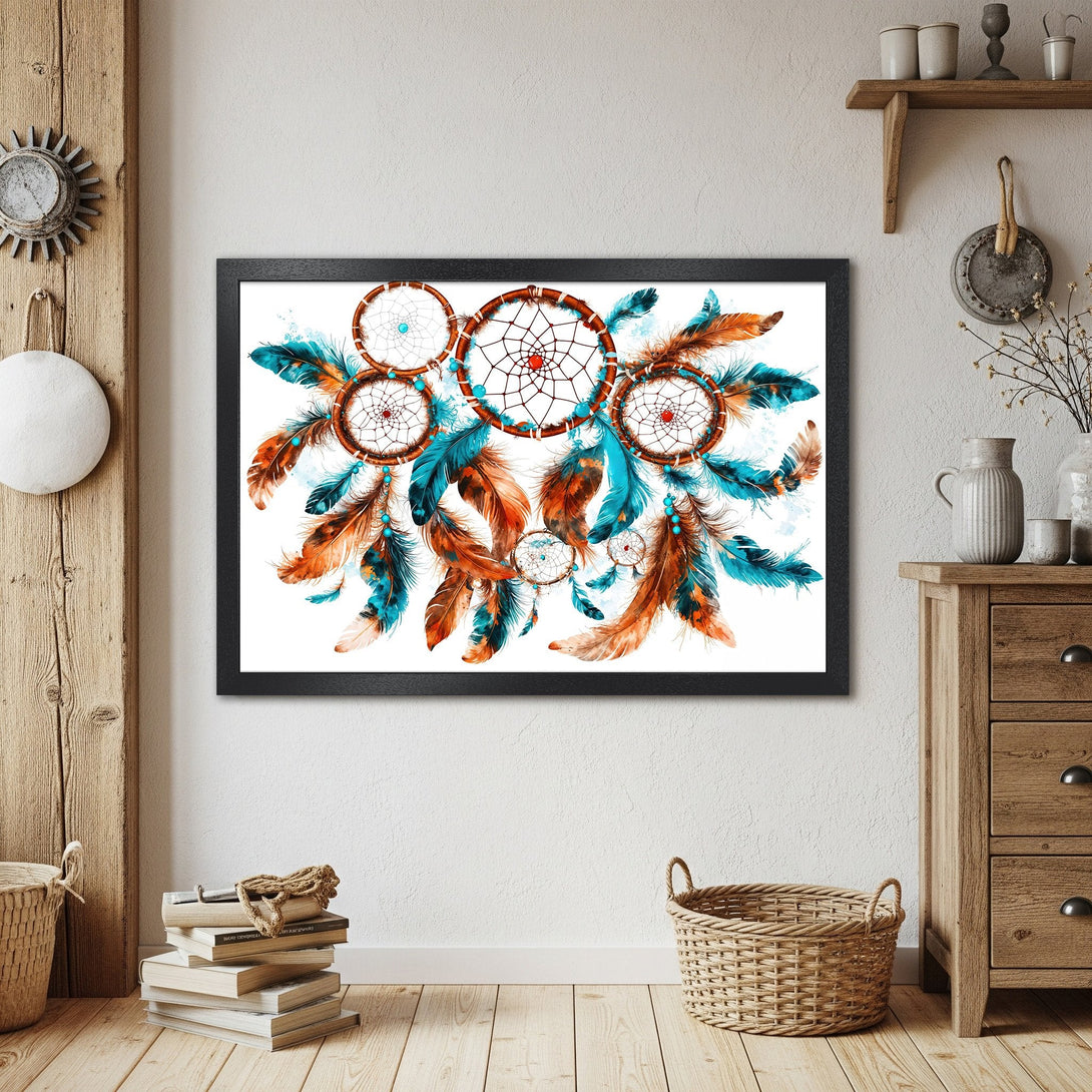 Framed Poster featuring dreamcatchers, watercolor style, with teal and orange feathers. Perfect wall art for boho decor.