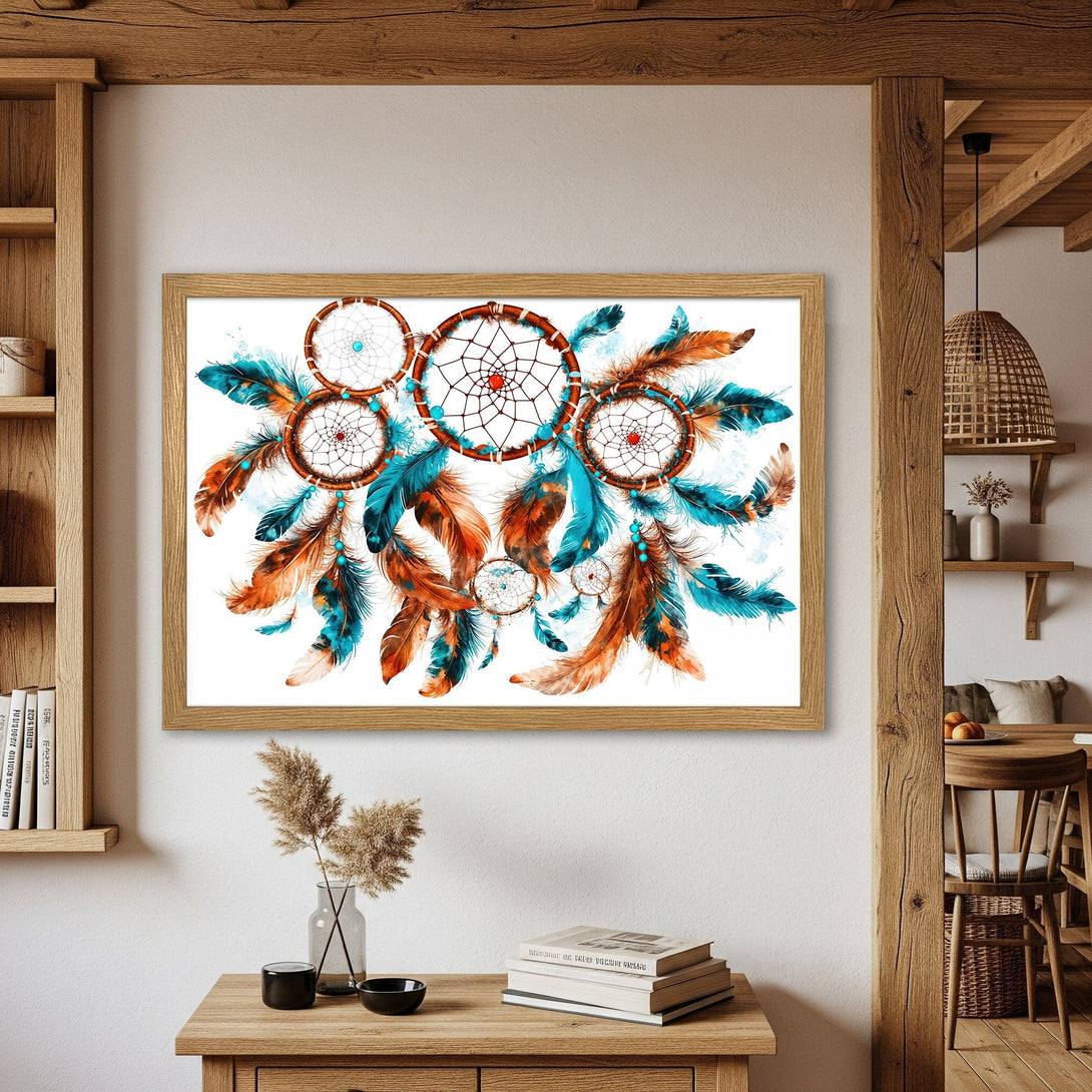 Framed Poster featuring dreamcatchers and feathers in watercolor style, with a teal, orange, and brown color palette. Add bohemian flair to your space!