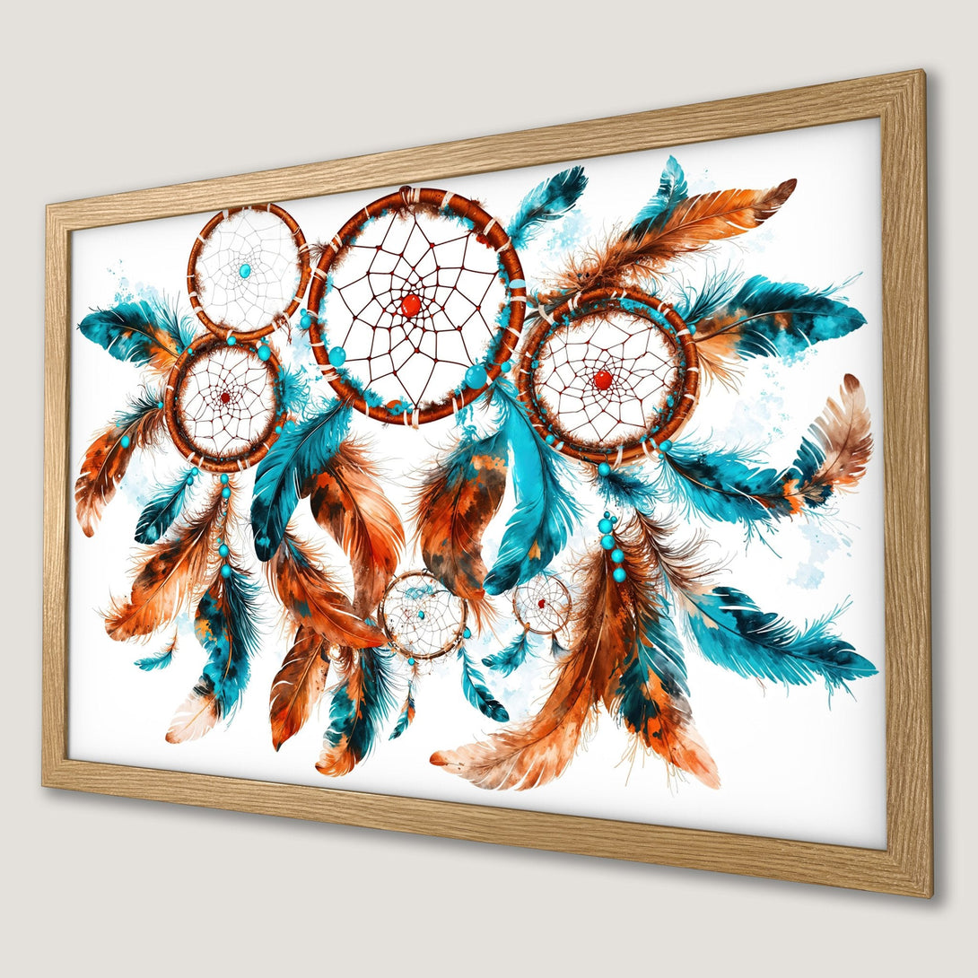 Framed Poster featuring dreamcatchers and feathers in watercolor style, with a teal, brown, and orange color palette.