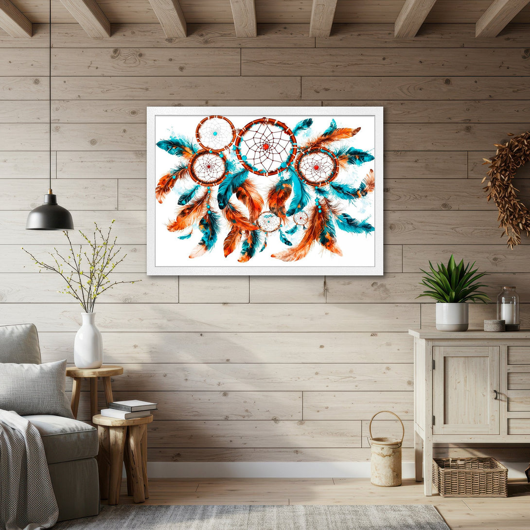 Framed Poster featuring watercolor dreamcatchers with teal and orange feathers, perfect boho wall art.