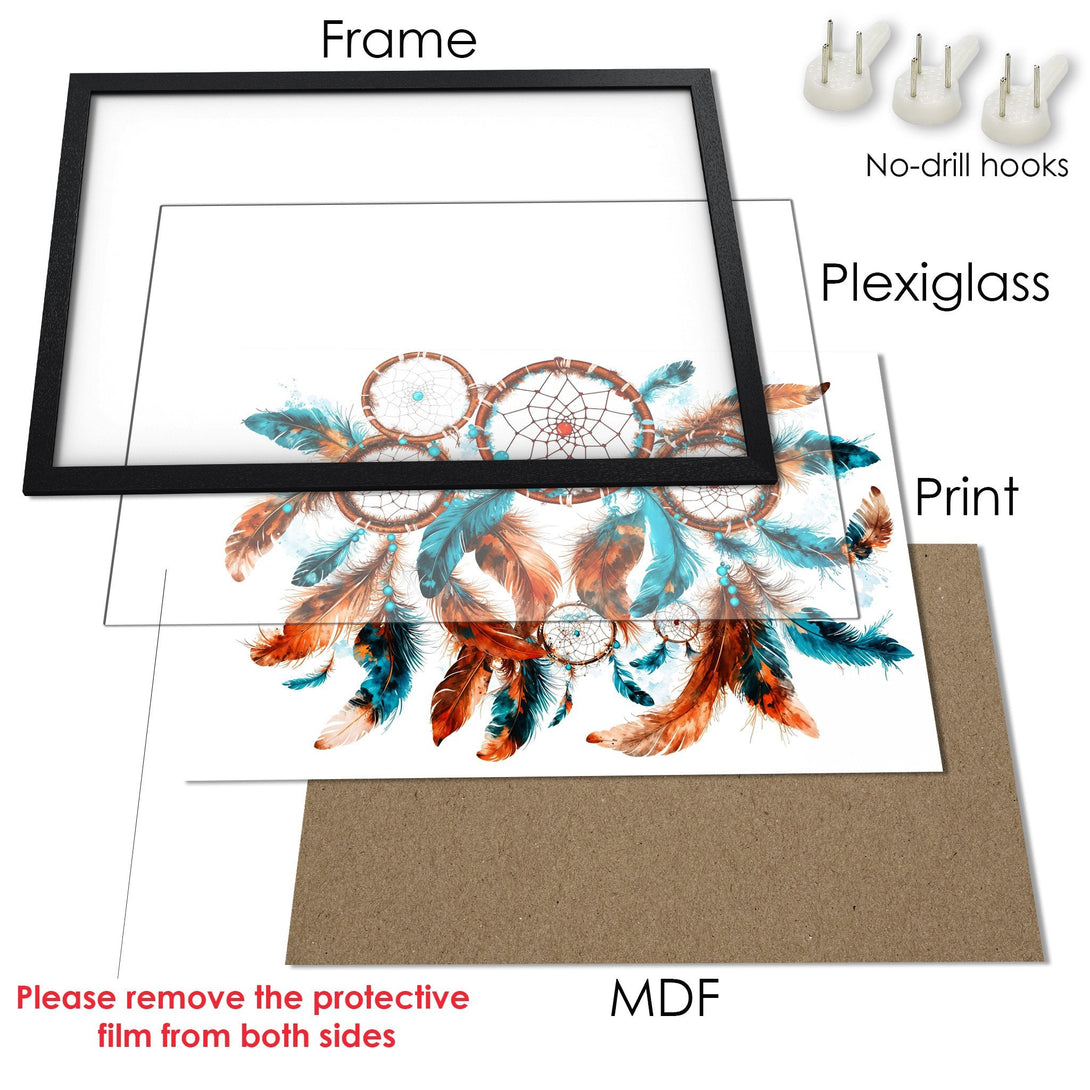 Framed Poster featuring dreamcatchers and feathers in watercolor style with teal, orange, and brown hues.