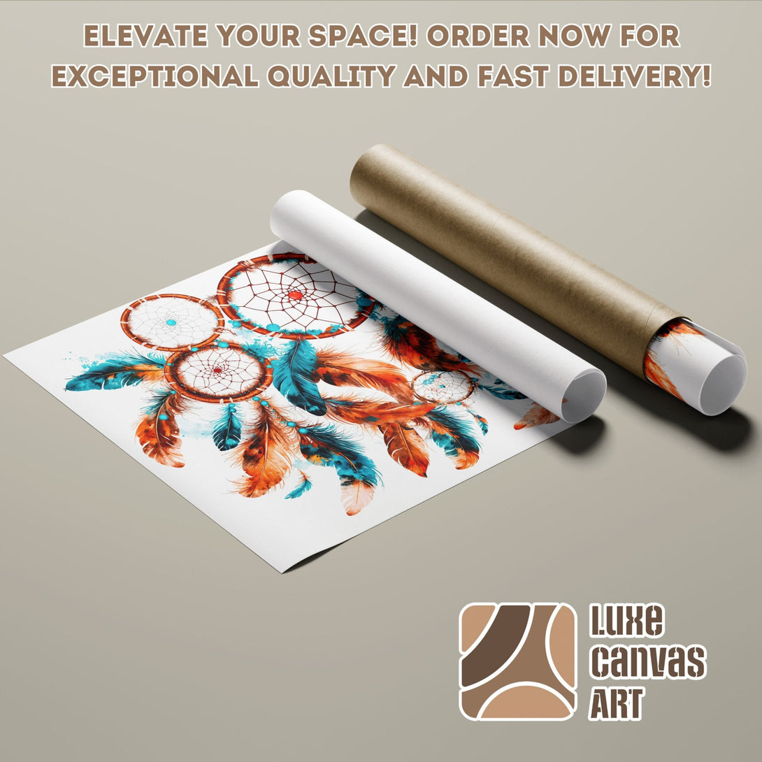 Dreamcatcher Poster Roll in watercolor style, featuring teal, orange, and brown tones. Elevate your space!
