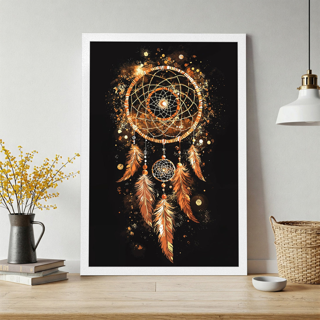 Framed Poster featuring a dreamcatcher design in warm gold and orange hues on a black background. Perfect for adding a touch of boho style!