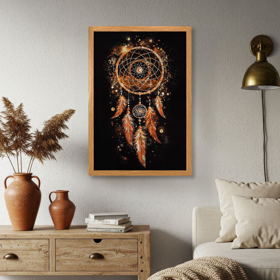 Framed Poster featuring a dreamcatcher design in a bohemian style with a warm orange and black color palette. Perfect wall art!