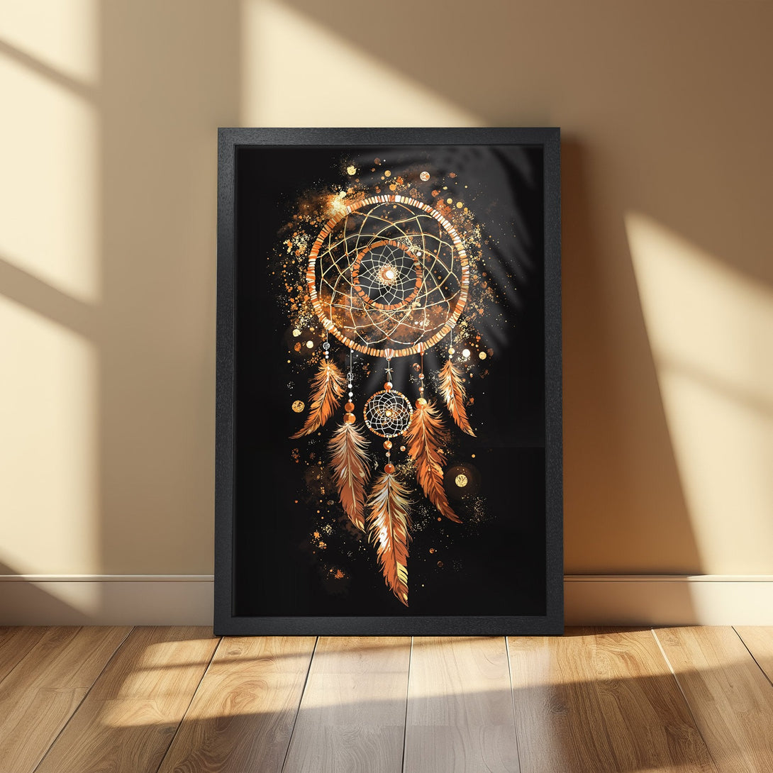 Framed Poster featuring a dreamcatcher design in a bohemian style with gold and black color palette. Perfect wall art for your home.
