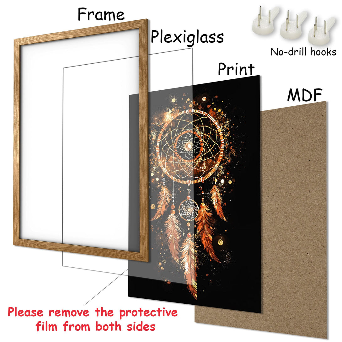 Framed Poster featuring a dreamcatcher design with a black, gold, and orange color palette. Perfect wall art for your home!