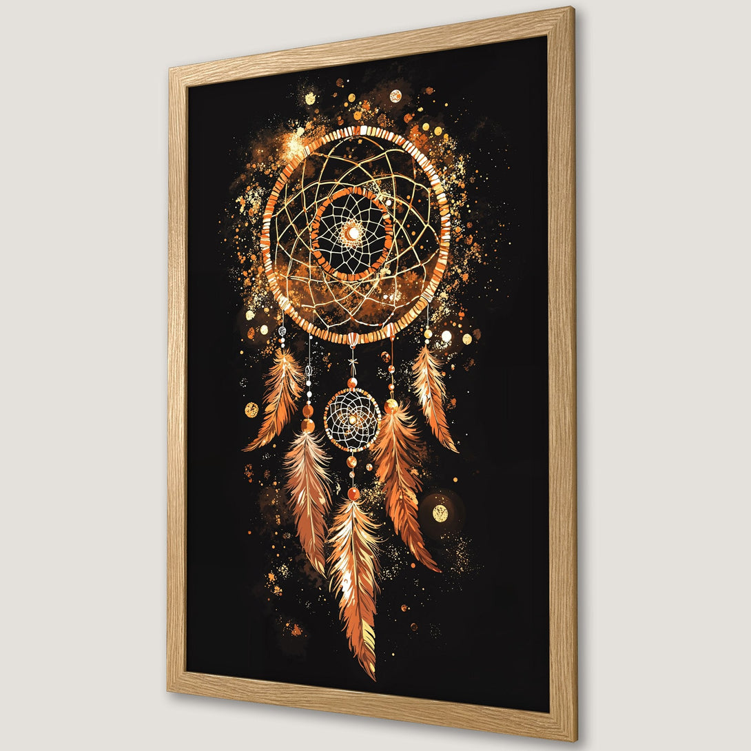 Framed Poster featuring a dreamcatcher design in a watercolor style with a black, gold, and orange color palette.