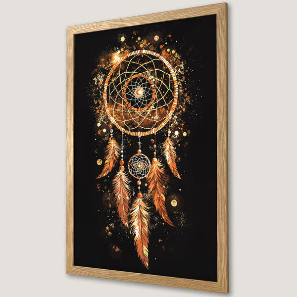 Framed Poster featuring a dreamcatcher design in a watercolor style with a black, gold, and orange color palette.
