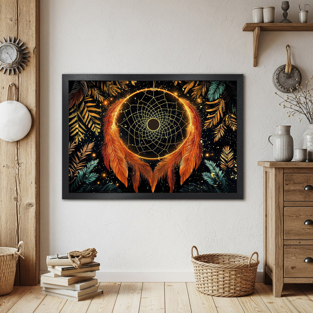Framed Poster featuring a dreamcatcher design with warm orange and gold tones. Perfect boho wall art for your home!