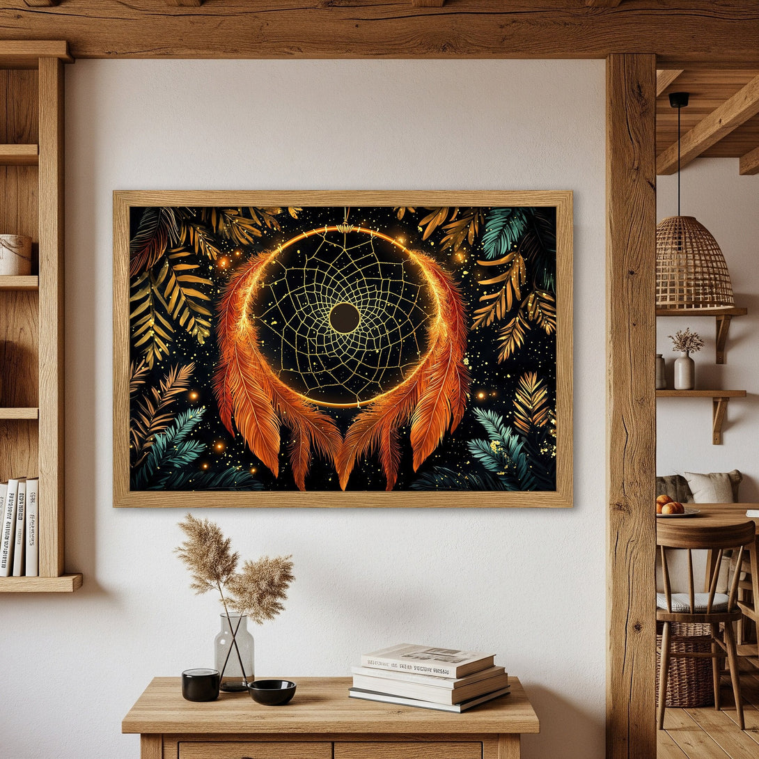 Framed Poster featuring a dreamcatcher design. Boho style art with warm orange, gold, and teal color palette. Perfect wall decor.