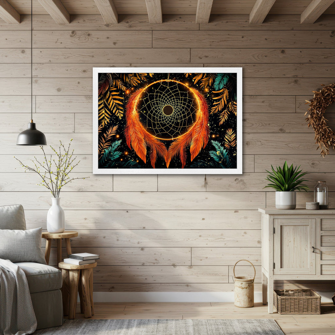 Framed Poster featuring a dreamcatcher design. Bohemian style with warm orange, teal, and gold tones. Perfect wall art for your home.