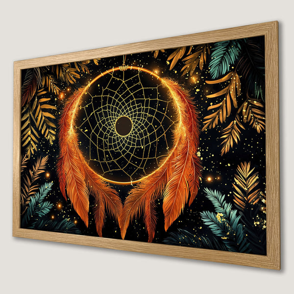 Framed Poster featuring a dreamcatcher with orange feathers and gold accents, set against a dark background. A beautiful piece of art!