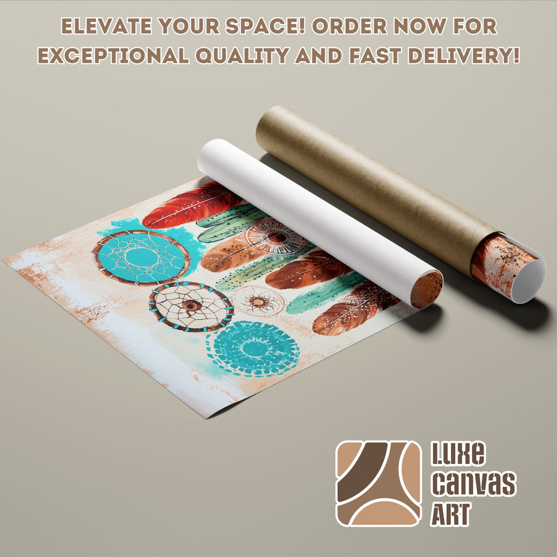 Poster Roll featuring a boho dreamcatcher design in turquoise, brown, and cream. Elevate your space with this stunning art!