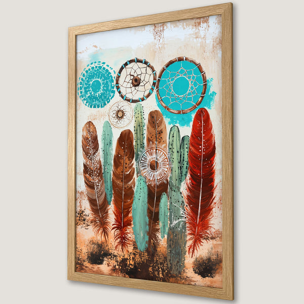 Framed Poster featuring dreamcatchers and feathers in a boho style with a warm, earthy color palette. Add a touch of art to your space!