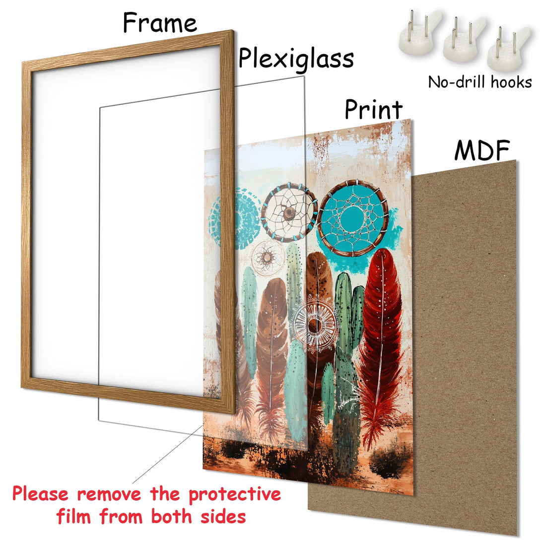 Framed Poster featuring dreamcatchers and feathers in a rustic style with a warm, earthy color palette. Ready to hang!