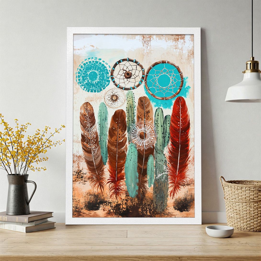 Framed Poster featuring dreamcatchers and feathers in a rustic style with a teal, brown, and orange color palette. Perfect wall art!