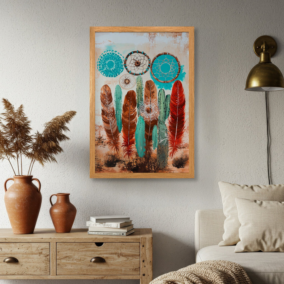 Framed Poster featuring boho dreamcatcher and feather art in teal, brown, and red color palette. Perfect wall decor!