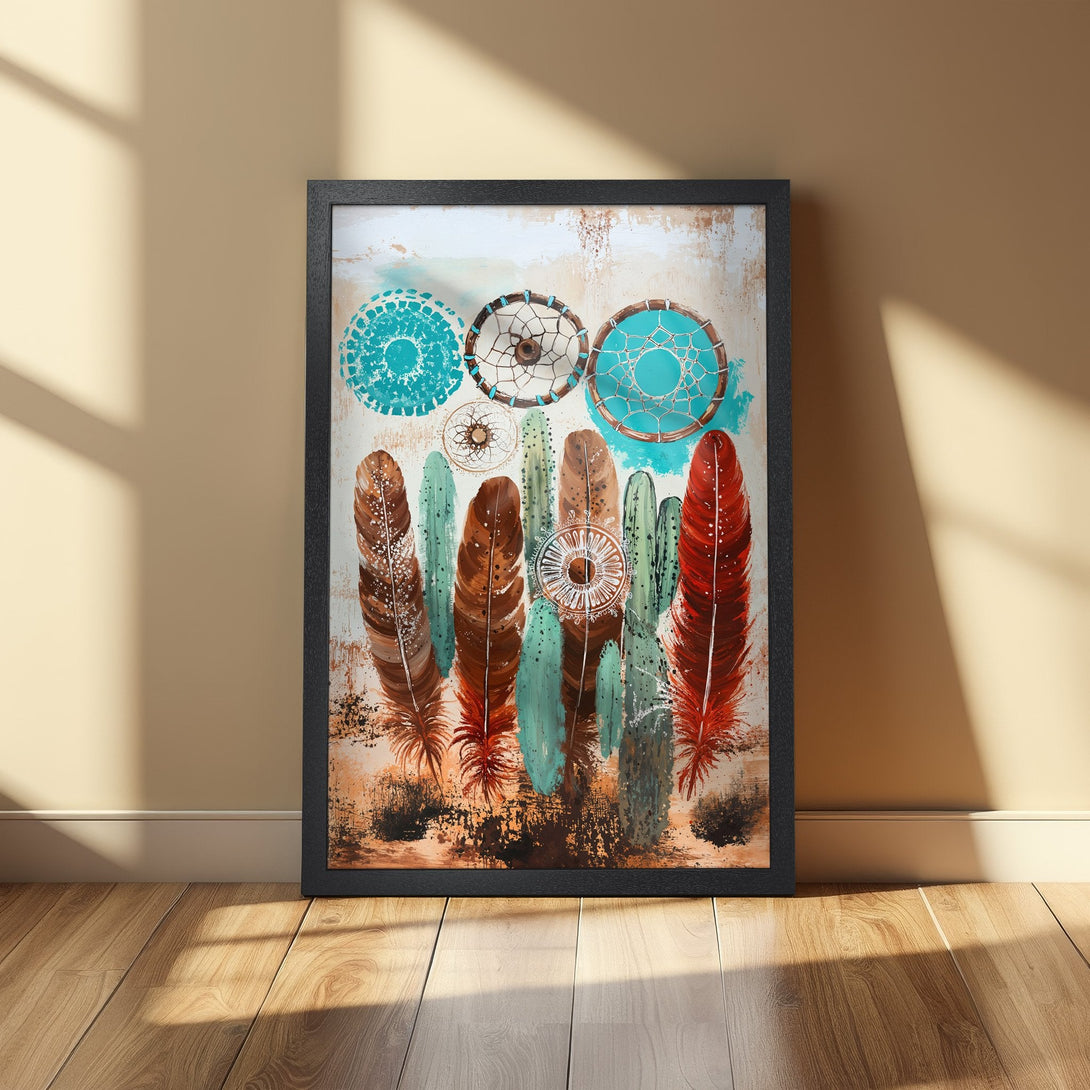 Framed Poster featuring dreamcatchers and feathers in a boho style, with a warm, earthy color palette. Perfect wall art!