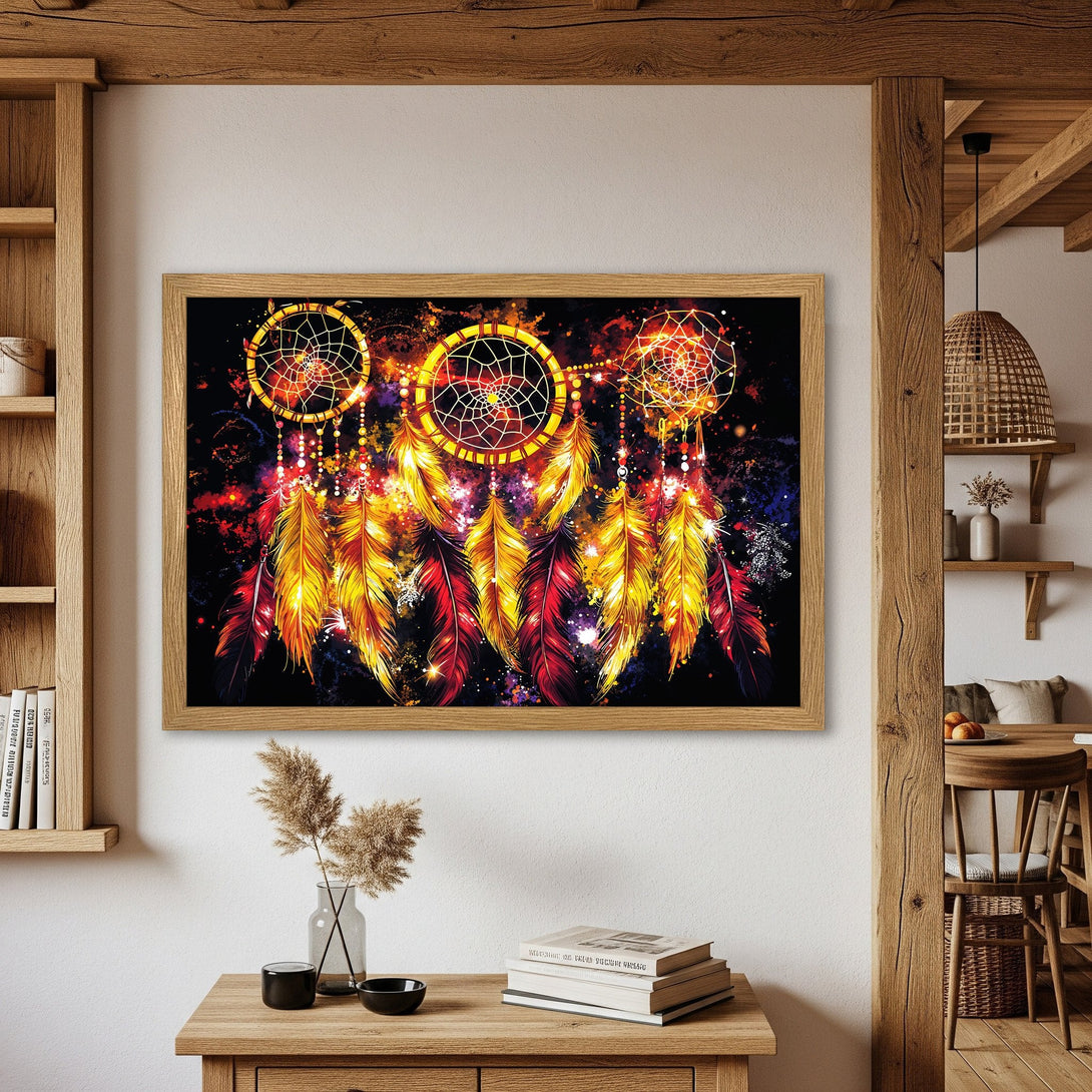 Framed Poster featuring vibrant dreamcatcher art in warm red, yellow, and orange hues. Perfect wall decor for a bohemian style.