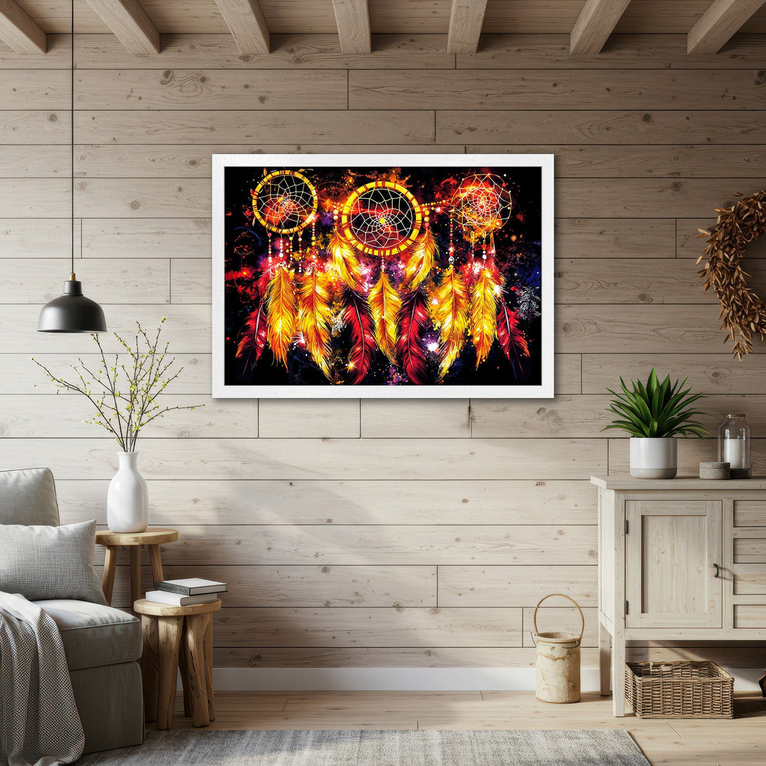 Framed Poster featuring vibrant dreamcatcher art, perfect for boho decor. Warm red, yellow, and orange color palette. Add a touch of magic!