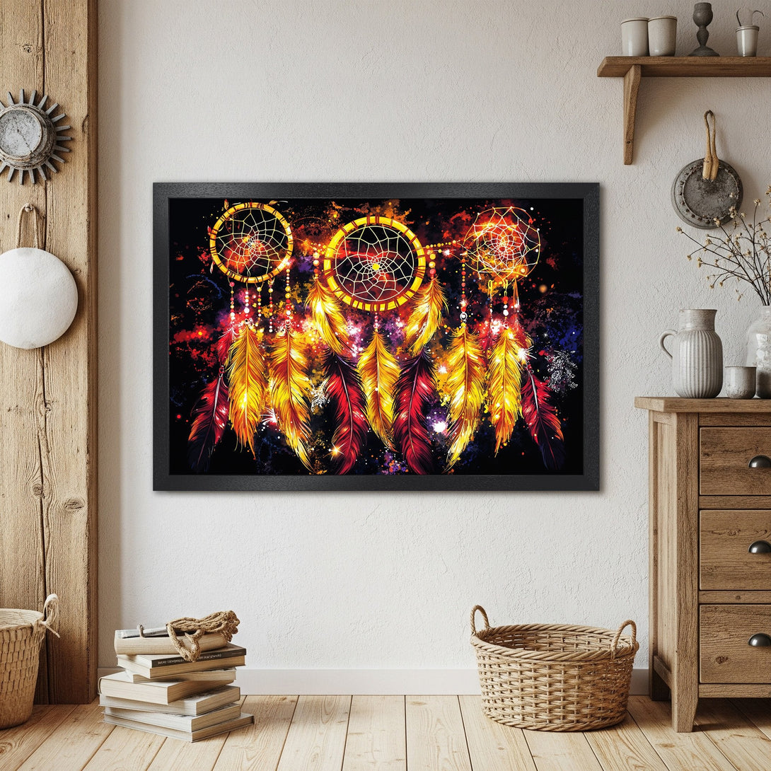 Framed Poster featuring a vibrant dreamcatcher design in warm yellow, red, and orange hues. Bohemian style art.