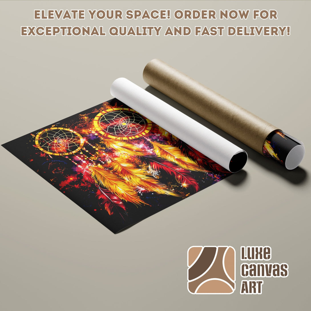 Dreamcatcher Poster Roll, vibrant art with red, orange, and yellow hues. Elevate your space with exceptional quality!