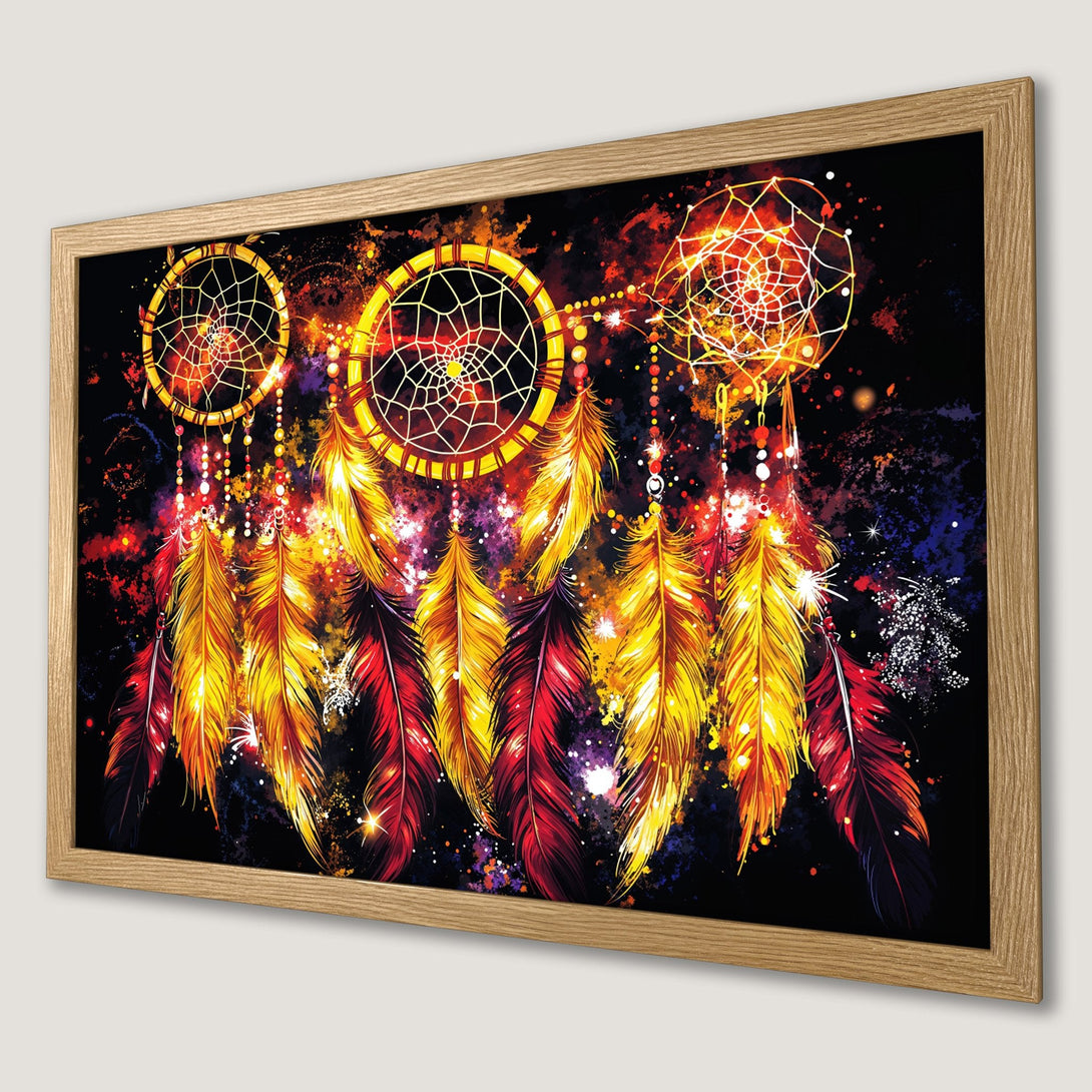 Framed Poster featuring dreamcatchers and feathers in a vibrant, watercolor style with a warm, fiery color palette. Perfect wall art!