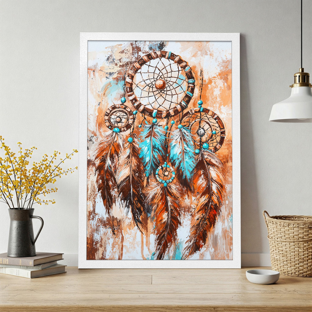 Framed Poster featuring a dreamcatcher in an abstract style with a warm, earthy color palette of brown, orange, and teal.