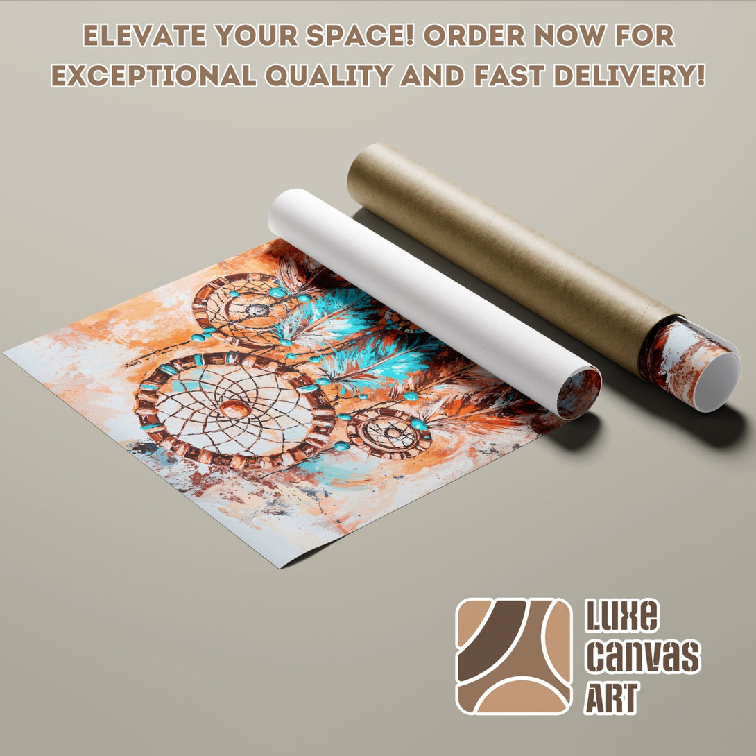 Dreamcatcher Poster Roll in warm tones. Abstract art style with orange, teal, and brown color palette. Elevate your space with Luxe Canvas Art.