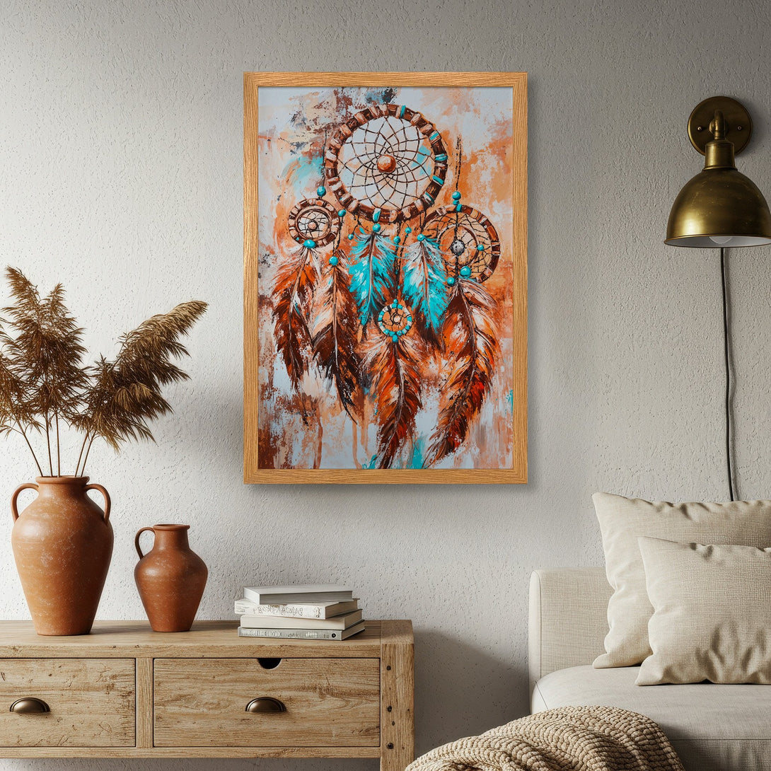 Framed Poster featuring a dreamcatcher in a bohemian style with a warm, earthy color palette. Perfect wall art!
