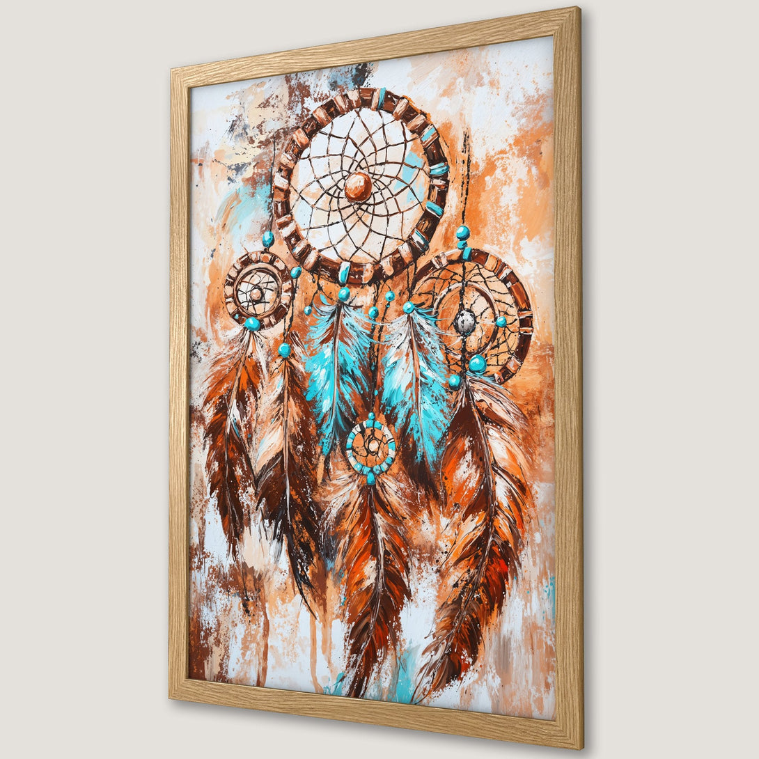 Framed Poster featuring a dreamcatcher in a vibrant abstract style, with a palette of warm orange, brown, and turquoise.