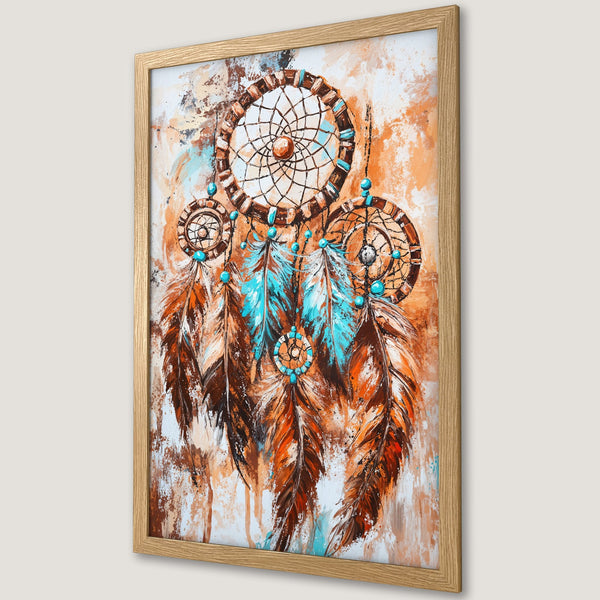 Framed Poster featuring a dreamcatcher in a vibrant abstract style, with a palette of warm orange, brown, and turquoise.