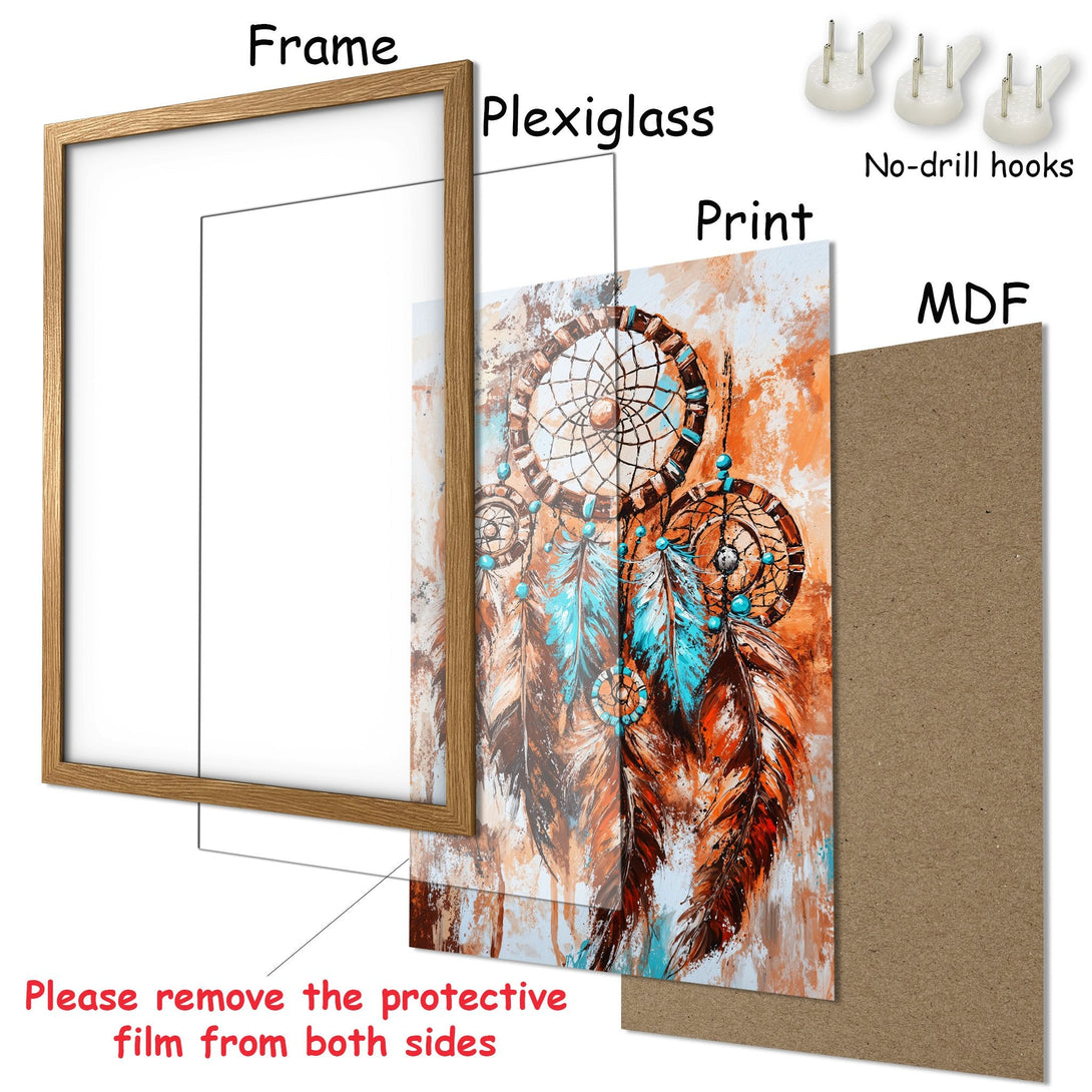 Framed Poster featuring a dreamcatcher design. Rustic style with a warm orange, turquoise, and brown color palette. Ready to hang art.