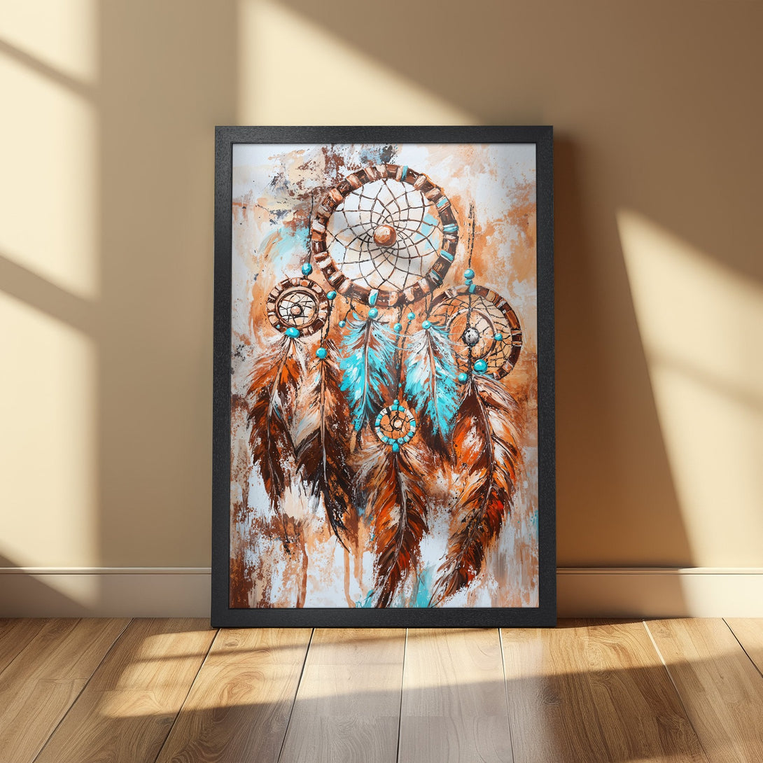 Framed Poster featuring a dreamcatcher in a boho style, with a warm brown and turquoise color palette. Add a touch of art to your space!